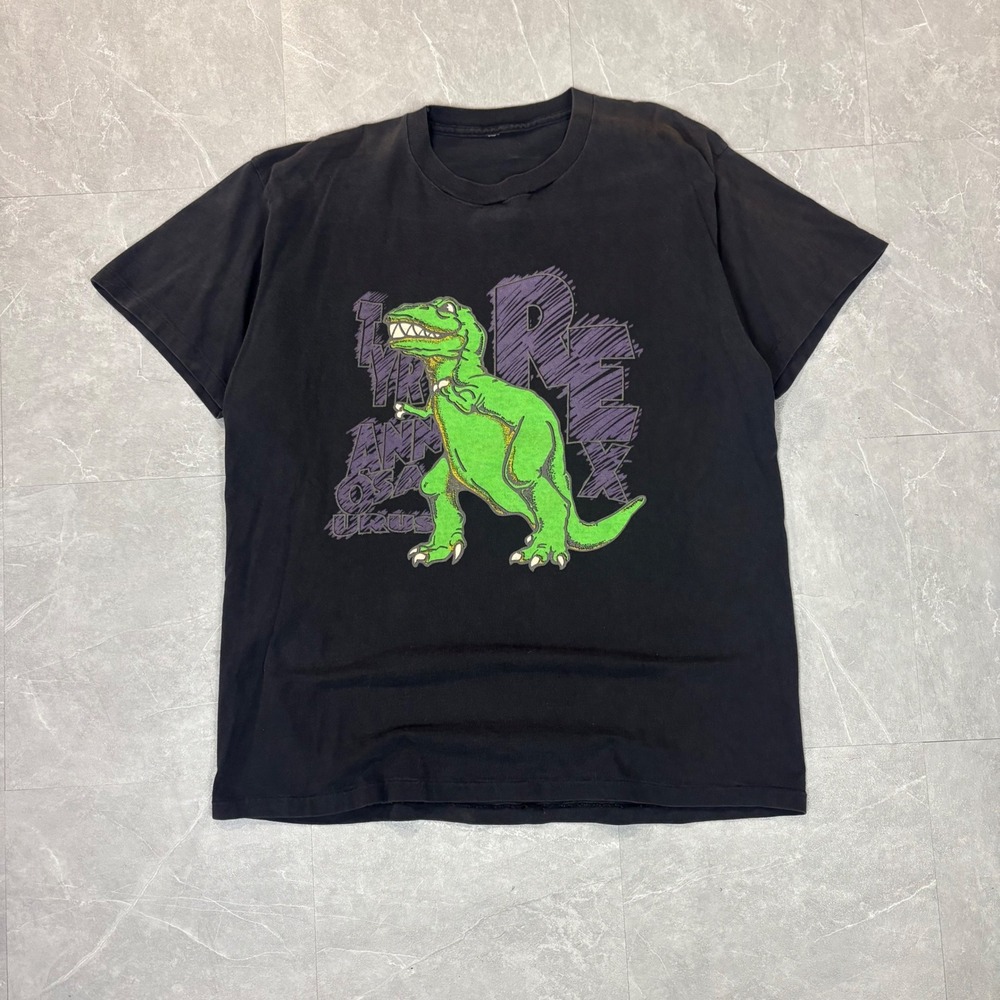 Mens Graphic T-Shirt Black Green T-Rex Dinosaur Purple Logo Crewneck Tee XL